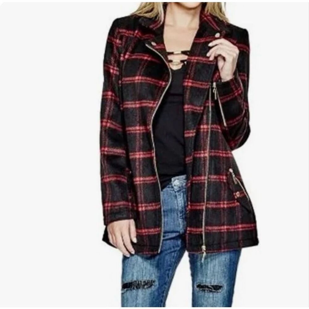 G by Guess Women's Audrino Plaid Moto Coat Red Wool Blend Plaid Size XS